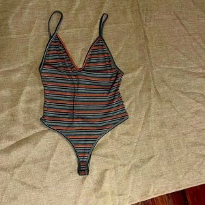 Forever 21 high-waist, V cut, spaghetti strapped striped body suit